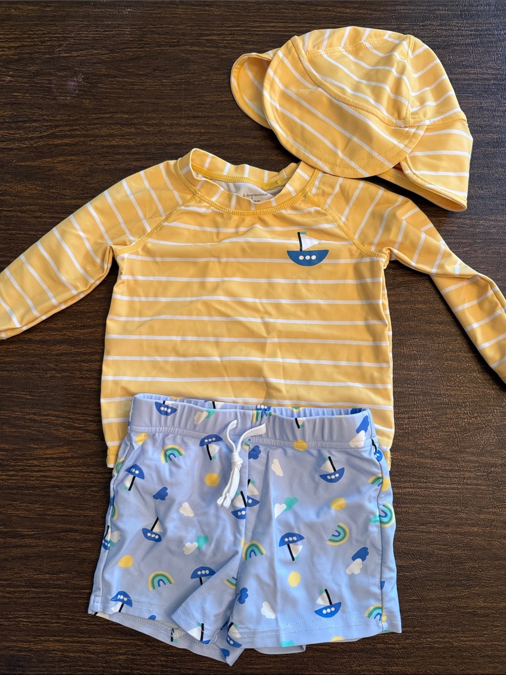 First Impressions Yellow Striped Rashguard Set with Blue Boat Print Shorts